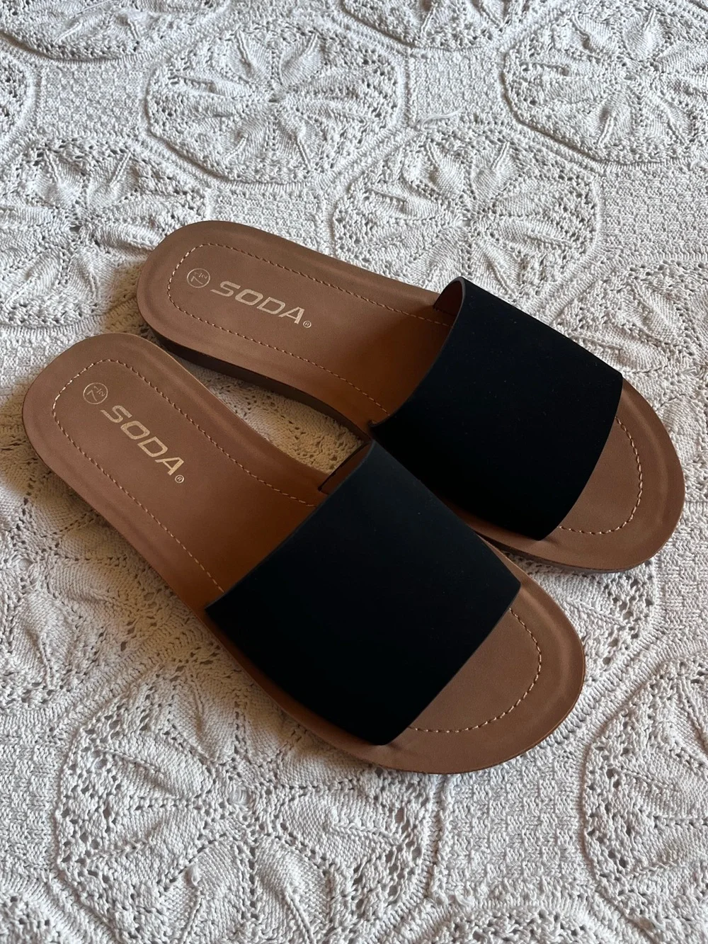 NWT Soda slide sandals black brown faux suede slip on Efron open toe flats